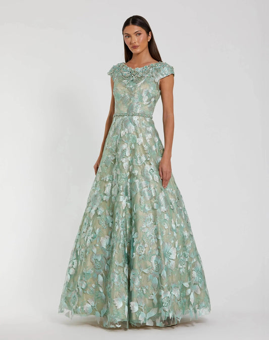 Green Embellished Cap Sleeve High Neck A-Line Ball Gown