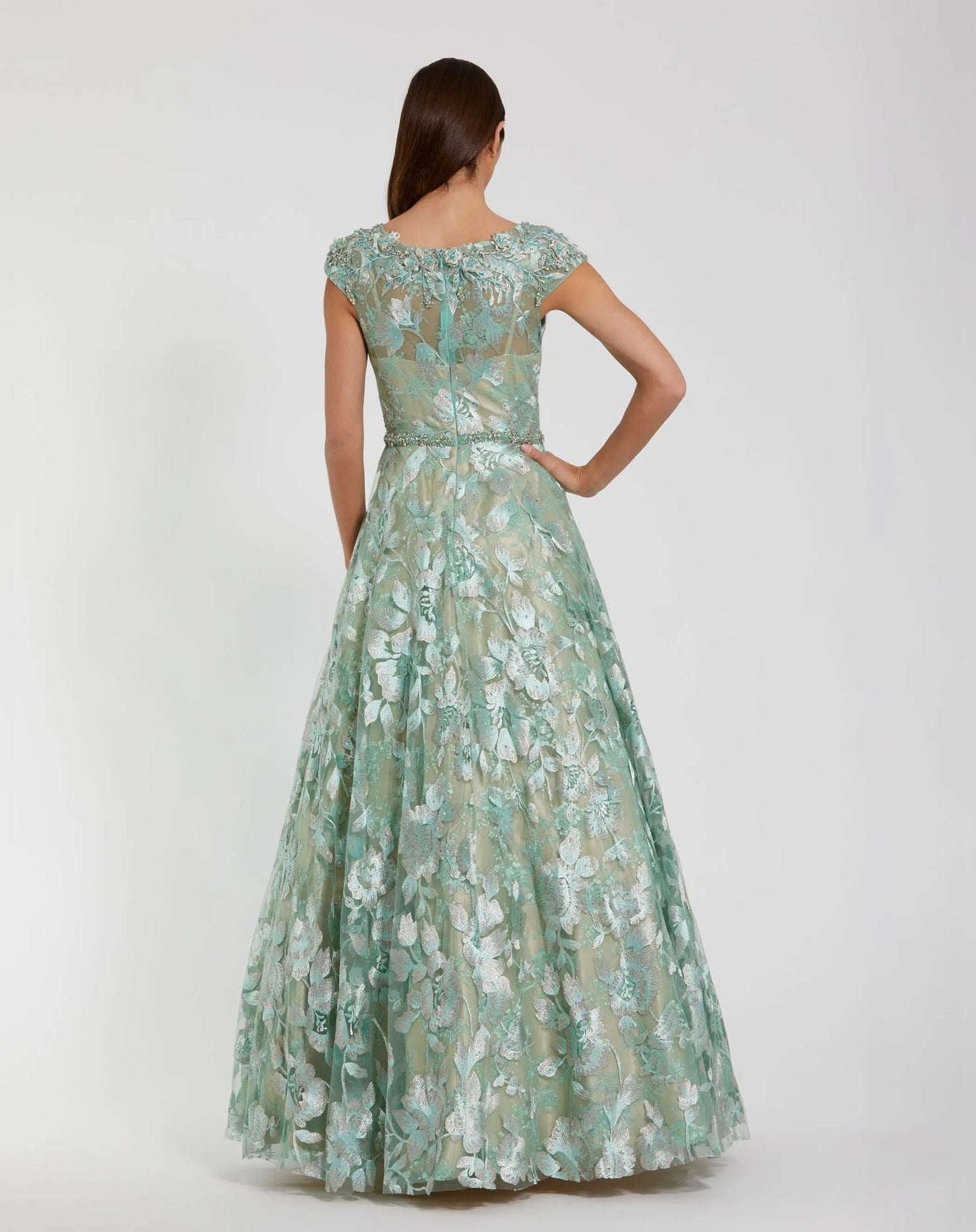 Green Embellished Cap Sleeve High Neck A-Line Ball Gown