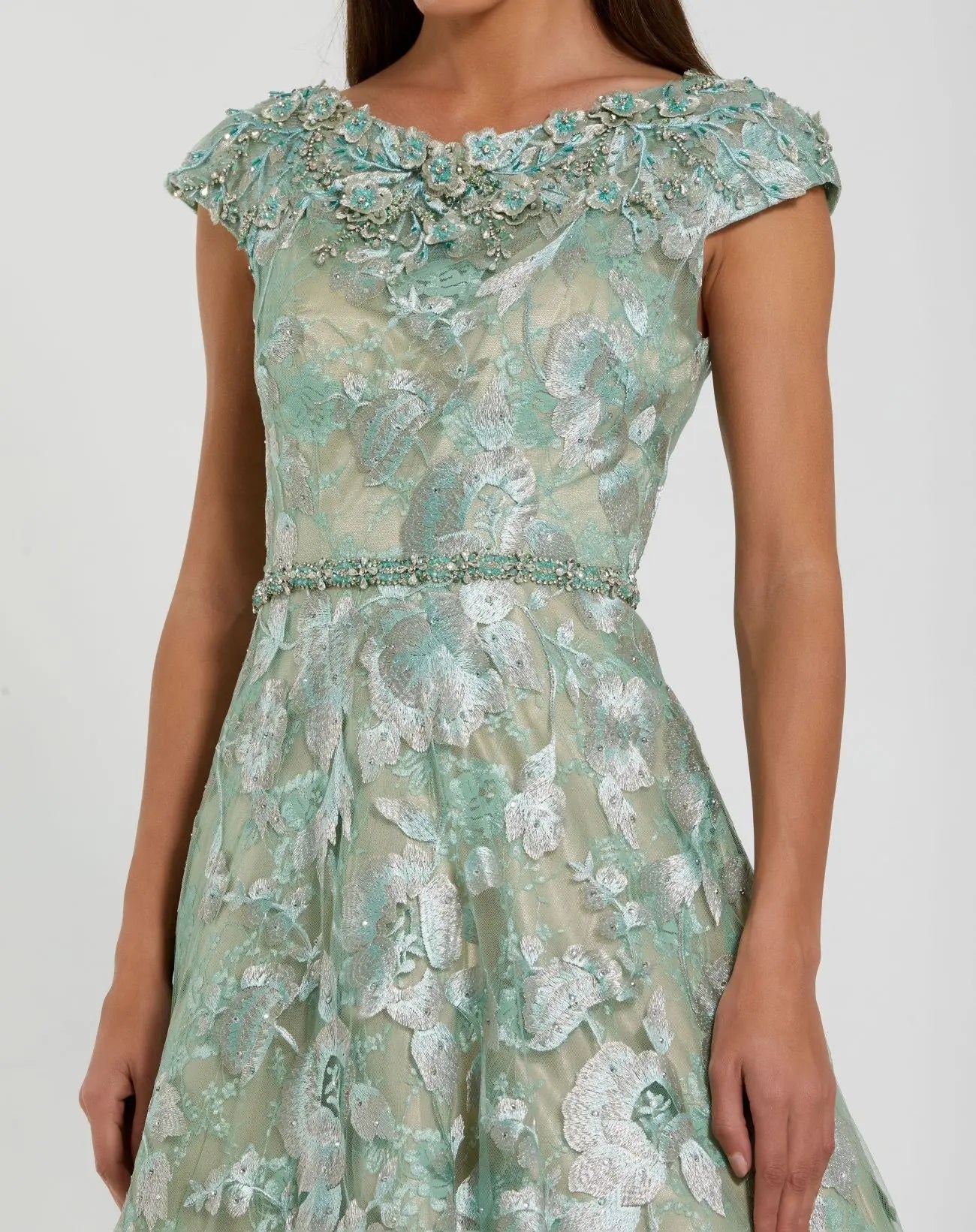 Green Embellished Cap Sleeve High Neck A-Line Ball Gown