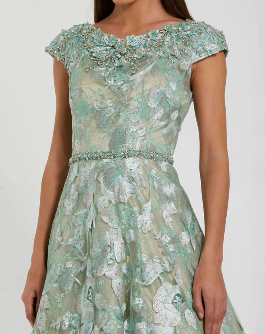 Green Embellished Cap Sleeve High Neck A-Line Ball Gown