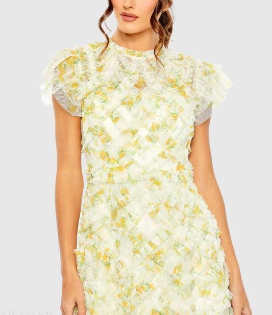 Yellow High Neck Ruffle Cap Sleeve Floral Dress