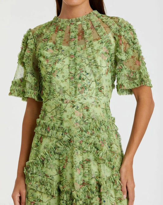 Green Floral Midi Dress with Ruffle Detailing
