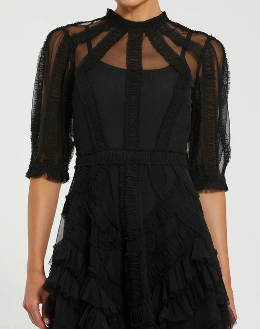 Black High Neck Ruffle Tiered A-Line Midi Dress
