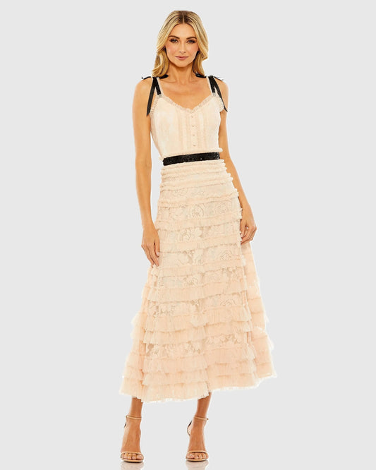 Pink Lace Tiered Midi Dress with Bow Straps