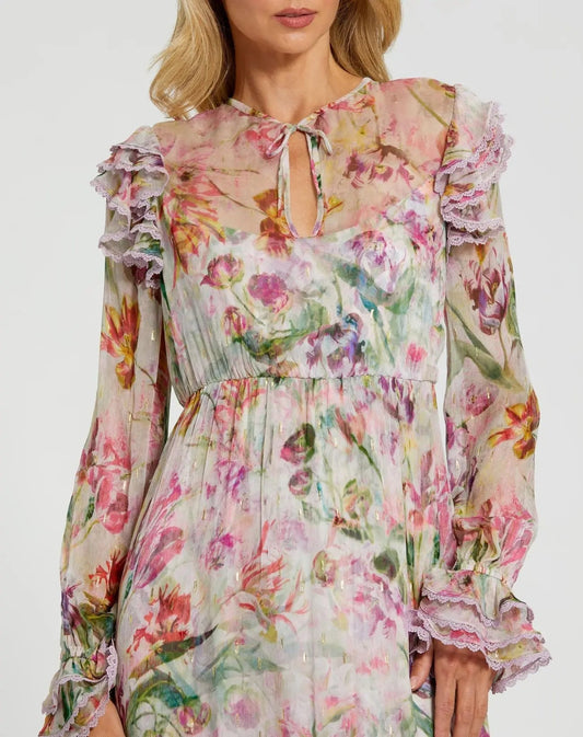 Multicolor Long Sleeve Ruffle Detail Floral Shift Dress