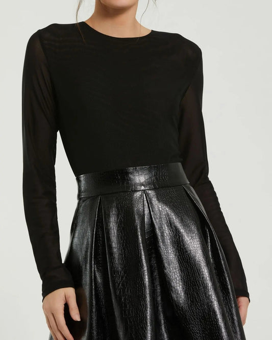 Black Mesh And Leather Long Sleeve A Line Mini Dress