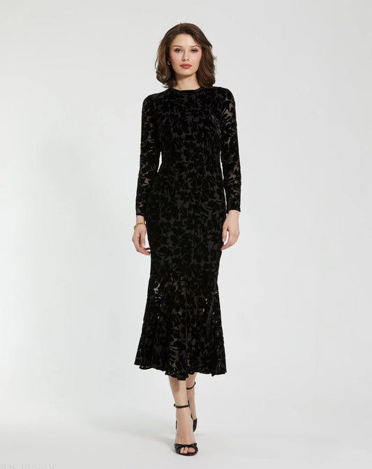 Black Burnout Velvet Long Sleeve Midi Dress