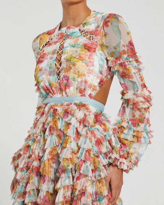 Multicolor Long Sleeve Ruffle Criss Cross Midi Dress