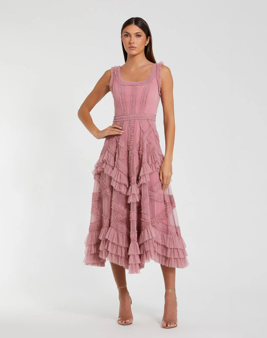 Scoop Neck Sleeveless A-Line Ruffle Midi Dress
