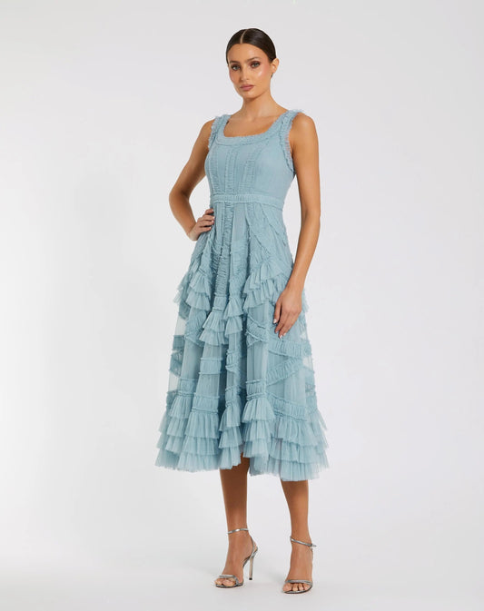 Scoop Neck Sleeveless A-Line Ruffle Midi Dress