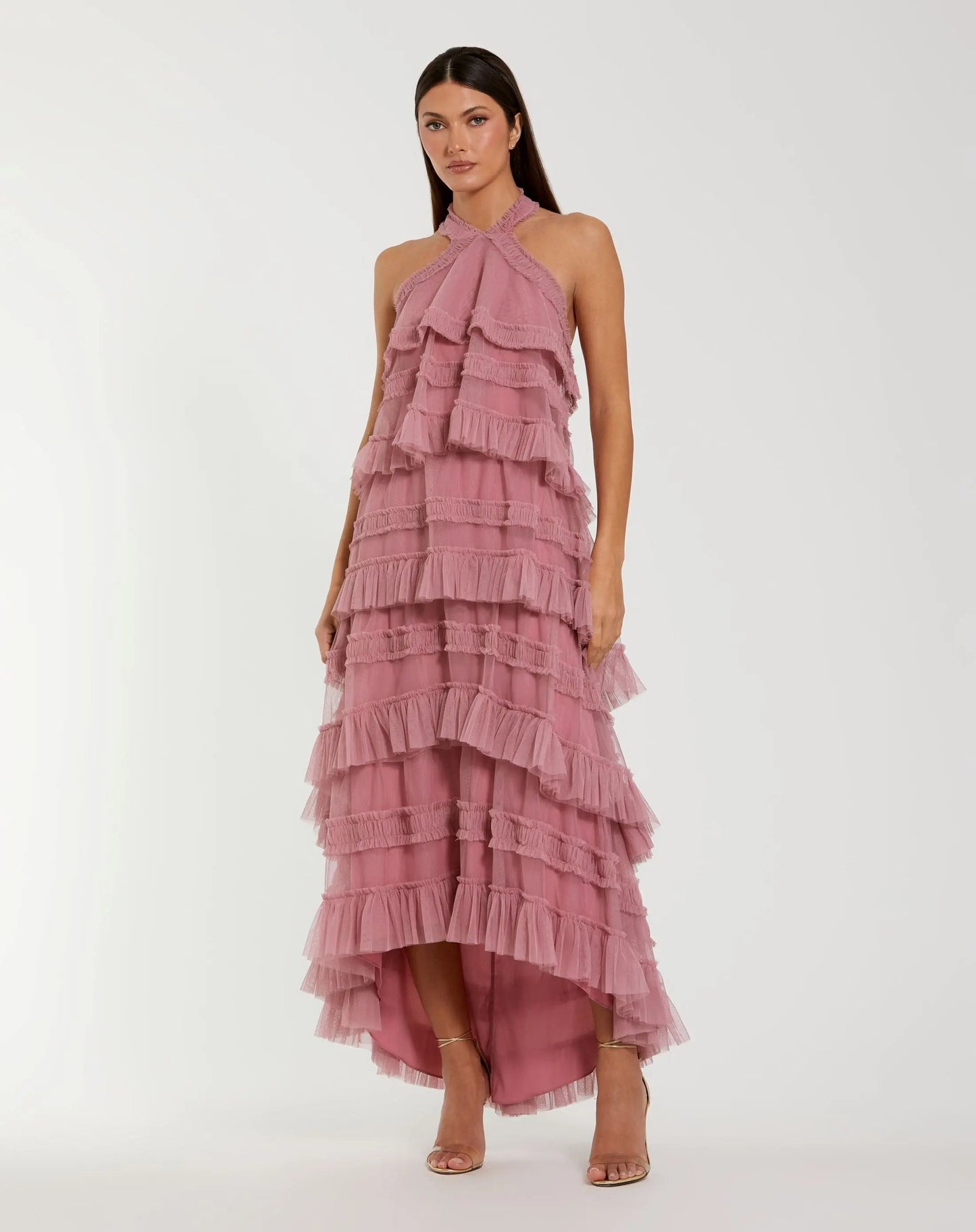 Pink Tiered Ruffle Halter Neck Midi Dress