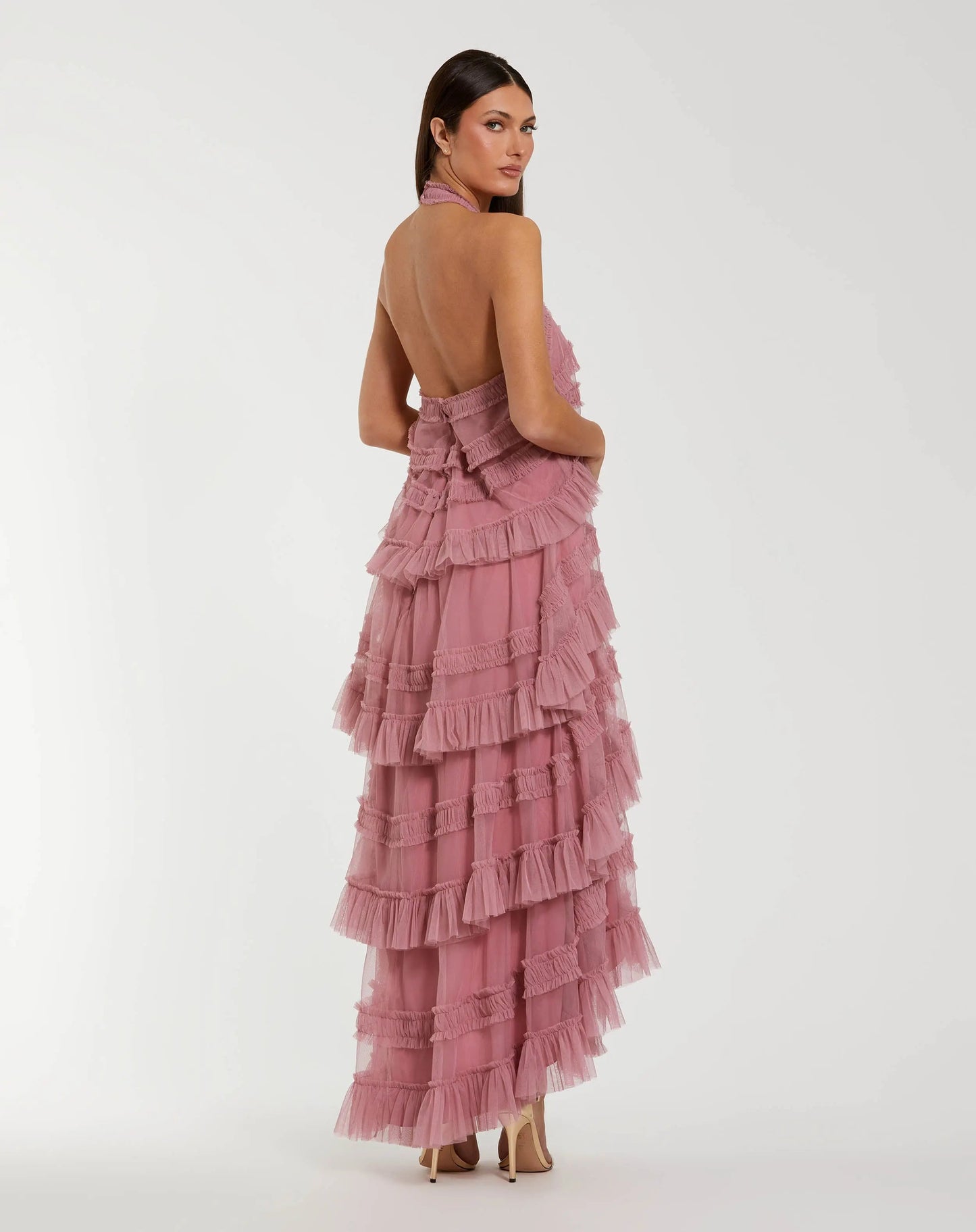 Pink Tiered Ruffle Halter Neck Midi Dress