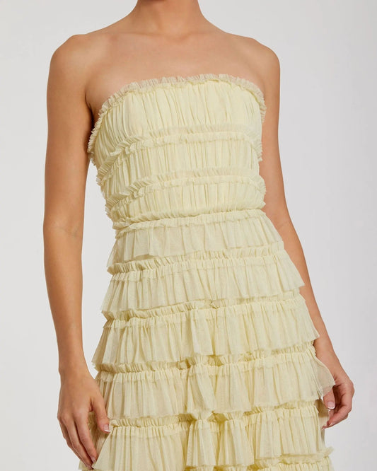 Yellow Mesh Micro Ruffle Strapless Midi Dress