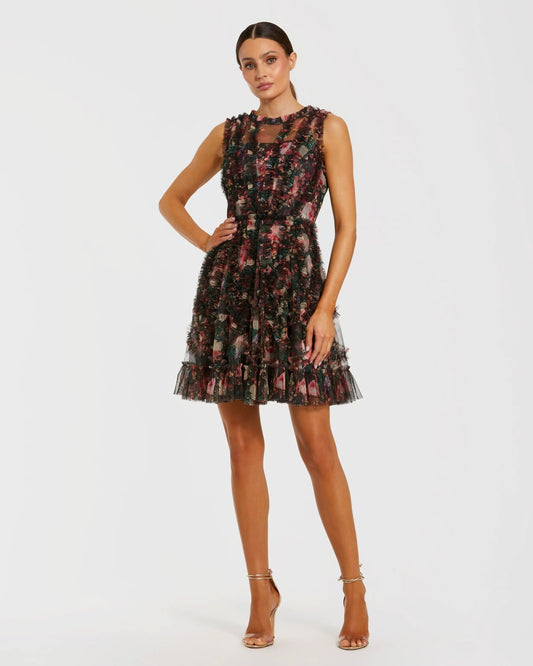 Black Multicolor Micro Ruffle Floral A-Line Mini Dress