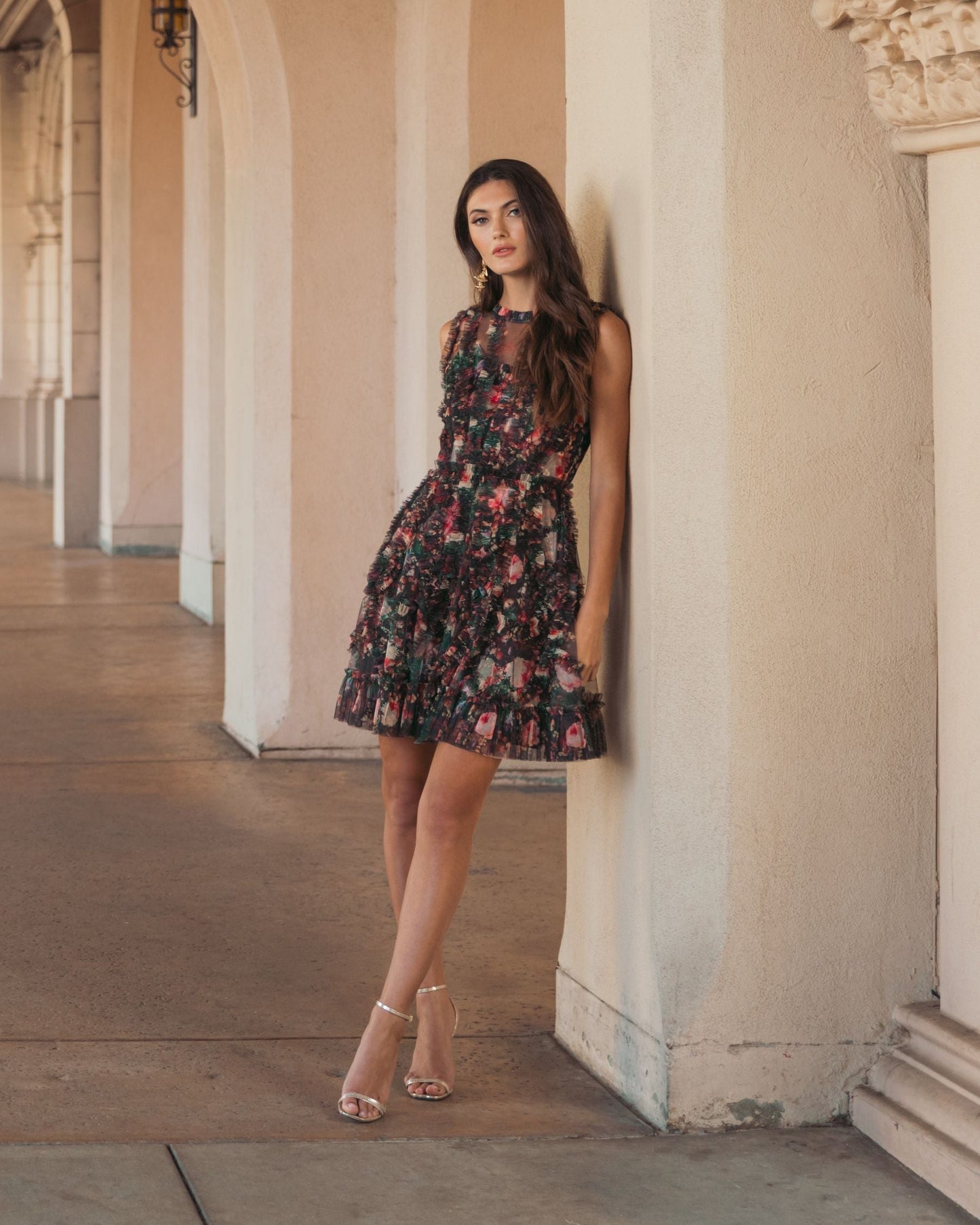 Black Multicolor Micro Ruffle Floral A-Line Mini Dress
