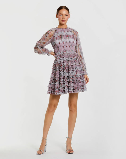 Purple Long Sleeve Floral Ruffle Mini Dress