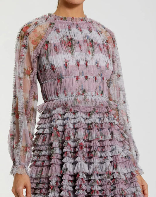 Purple Long Sleeve Floral Ruffle Mini Dress