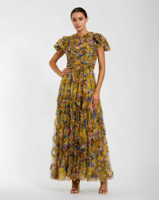 Yellow Micro Ruffle Floral Maxi Dress