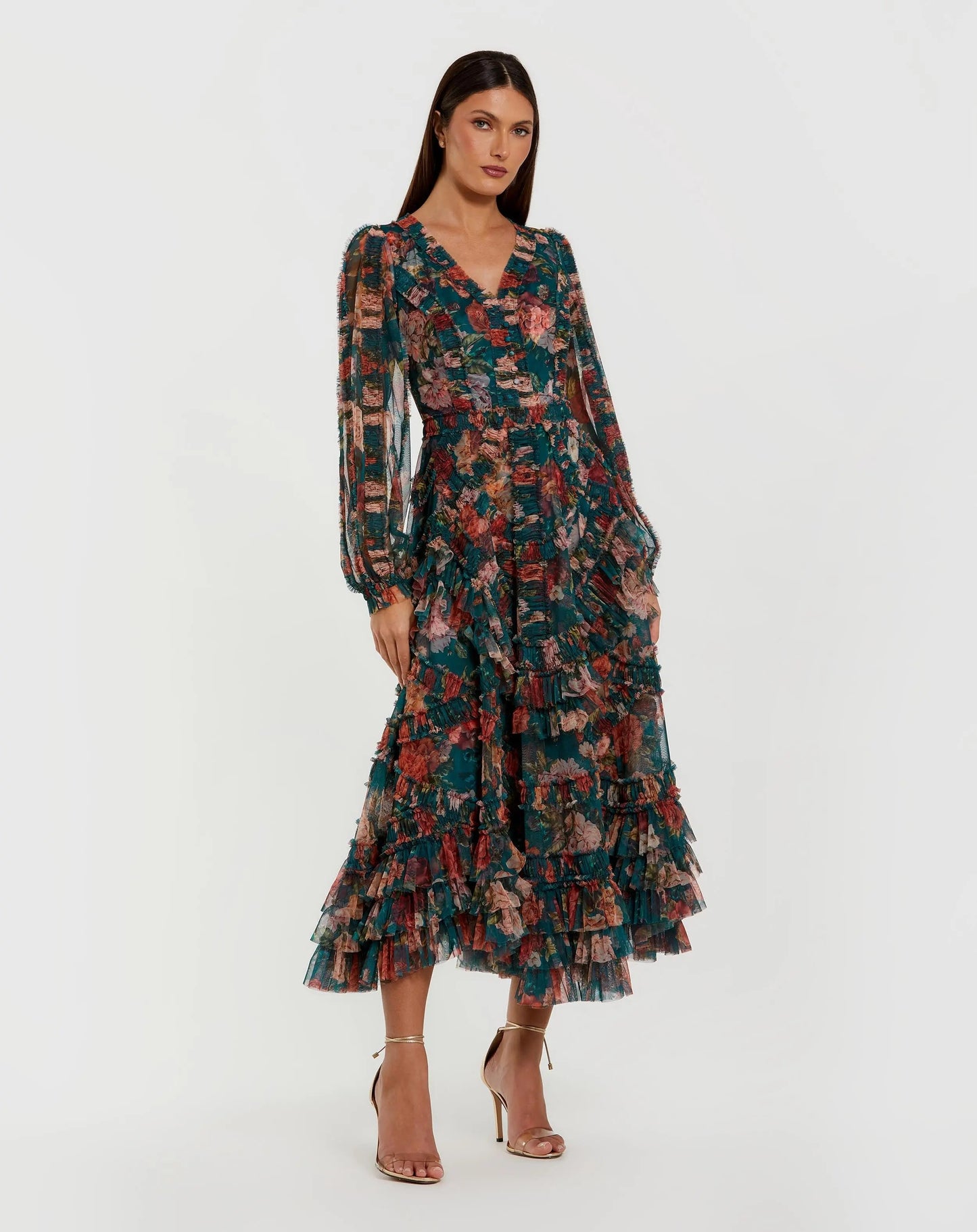 Teal Long Sleeve Floral Midi Dress With Ruffles