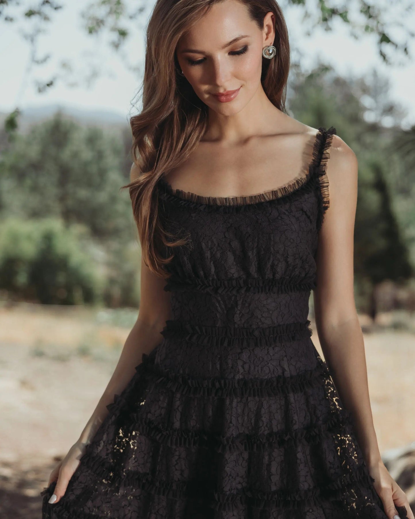 Black Sleeveless Lace A Line Midi Dress With Ruffles
