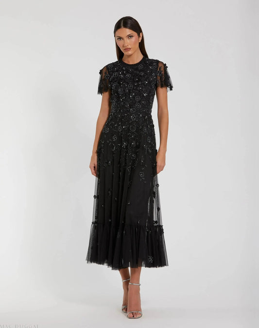 Black Embellished High Neck Flutter Sleeve A Line Dress