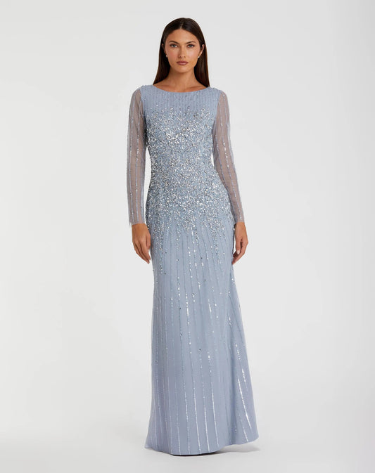 Blue Boat Neck Sequin Embellished Long Sleeve A Line Gown