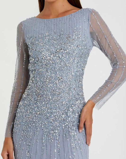 Blue Boat Neck Sequin Embellished Long Sleeve A Line Gown