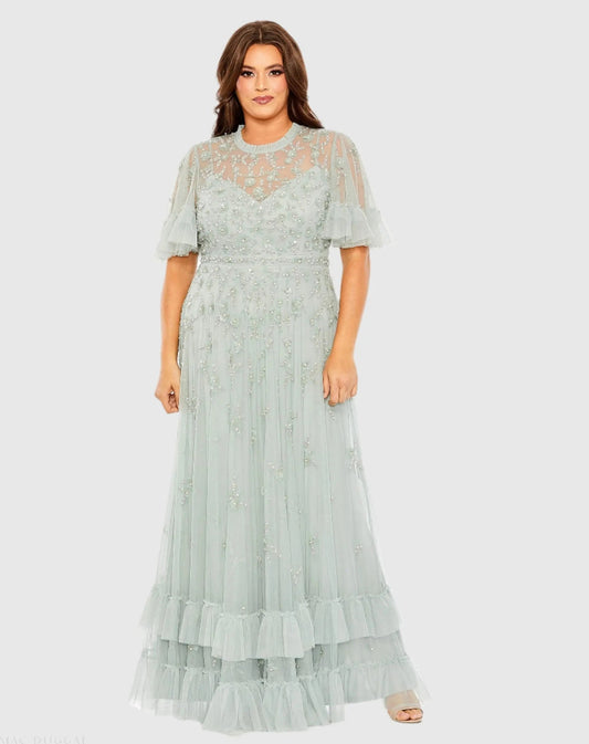 Green Embellished Flutter Sleeve Ruffle Tiered Gown
