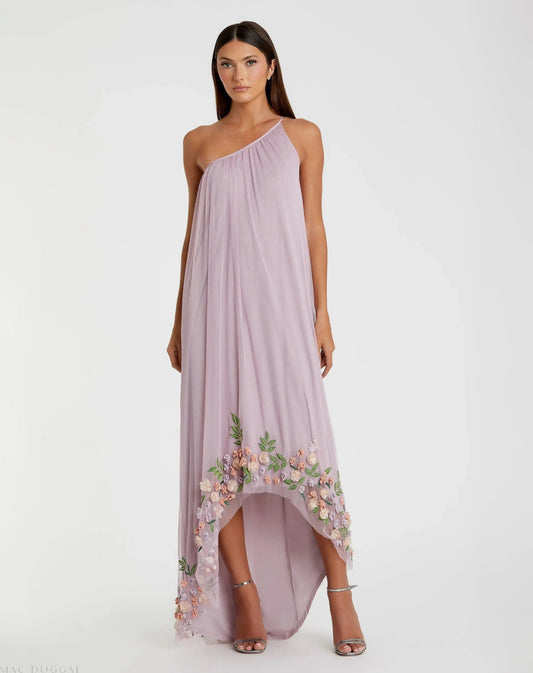 Purple One Shoulder Embellished Trapeze Gown