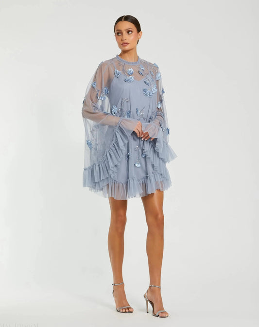 Embellished Long Flare Sleeve Mesh A-Line Dress