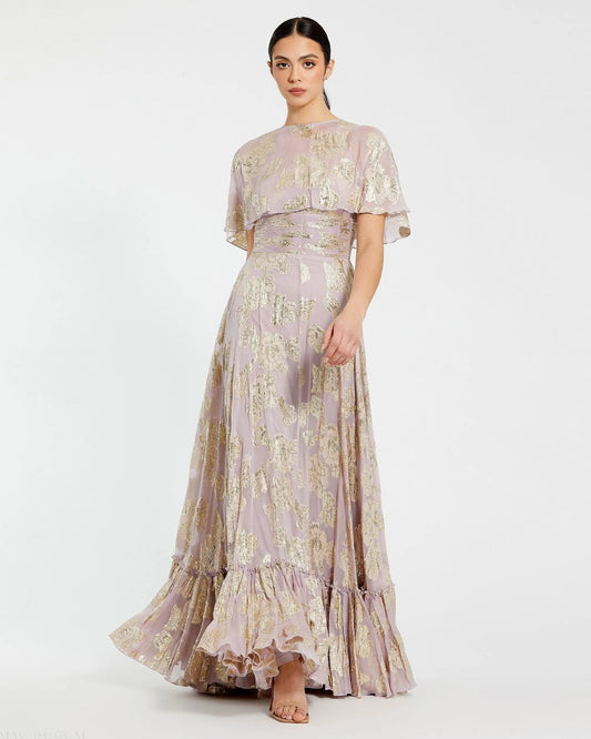 Purple Cape Sleeve A Line Floral Chiffon Gown