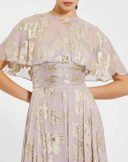 Purple Cape Sleeve A Line Floral Chiffon Gown