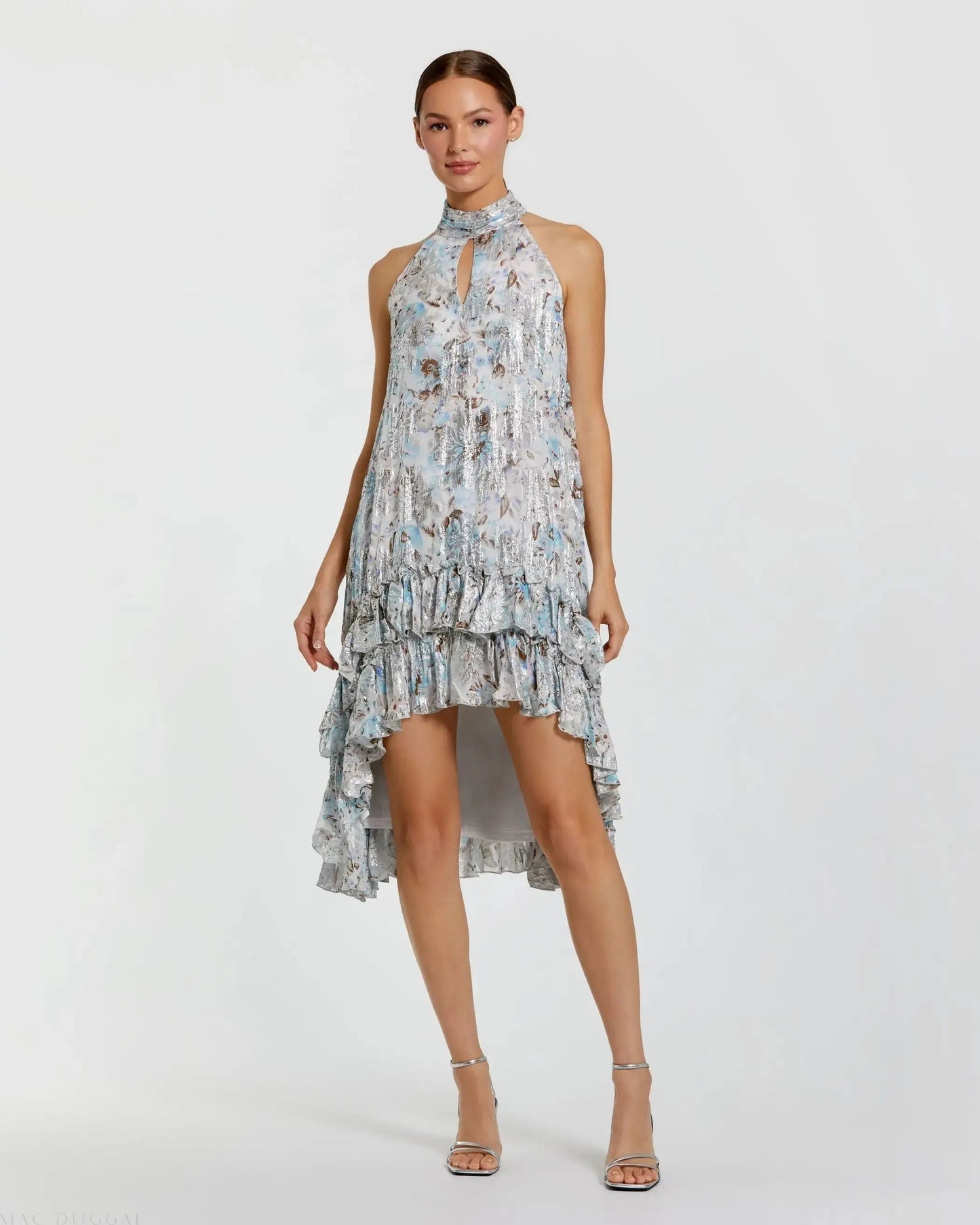 Multicolor Floral High Neck Keyhole Ruffle Mini Dress