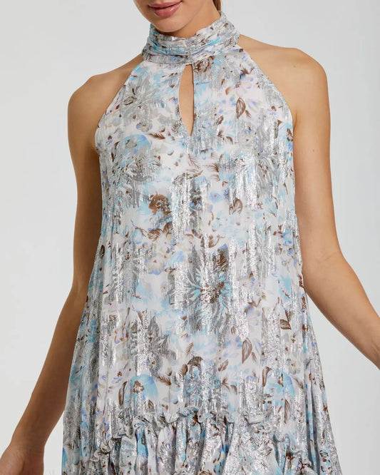 Multicolor Floral High Neck Keyhole Ruffle Mini Dress