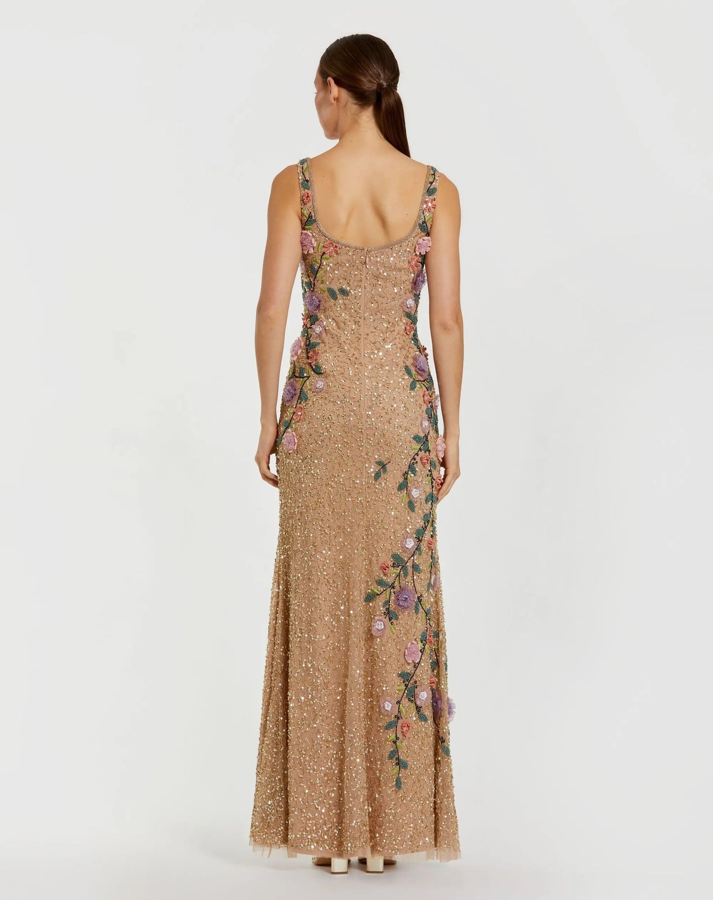 Beige Floral Beaded Mesh Scoop Neck Sleeveless Gown