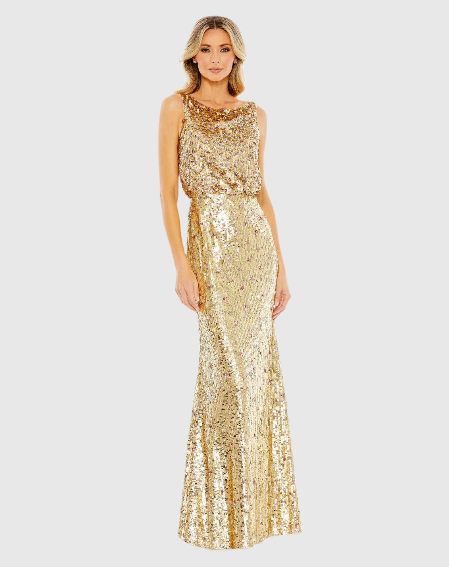 Gold Sequined Sleeveless High Neck Gown