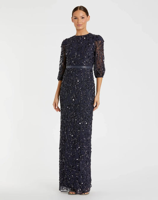 Navy Embellished Column Gown with 3/4 Sleeves