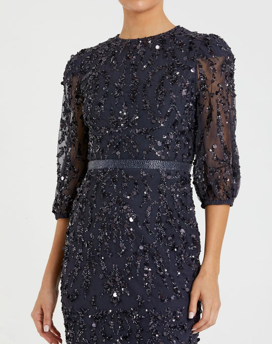 Navy Embellished Column Gown with 3/4 Sleeves