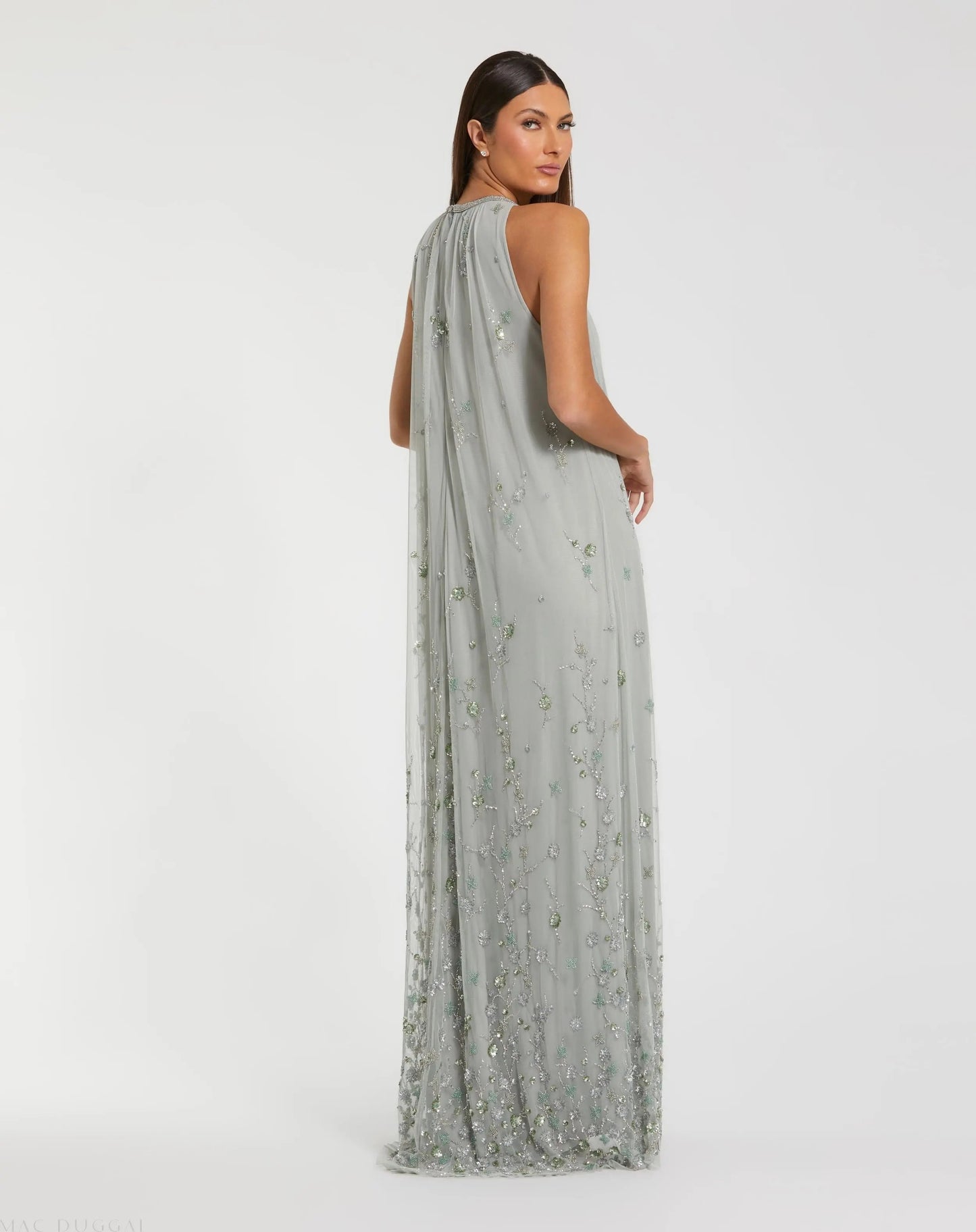 Green High Neck Floral Embellished Mesh Trapeze Gown