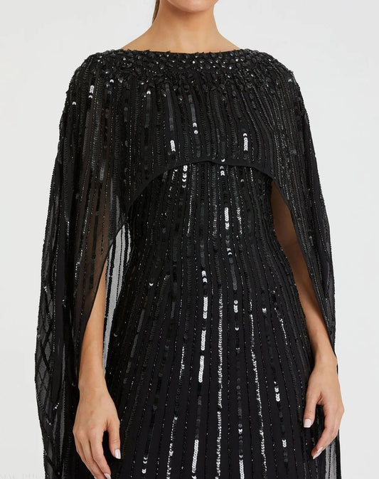 Black Embellished Beaded Column Cape Gown