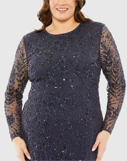 Navy Long Sleeve Mesh Embellished Gown