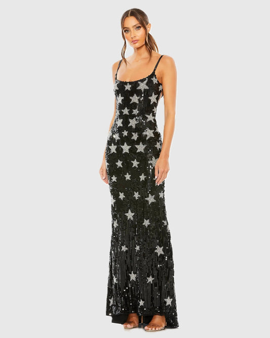 Black Star Embellished Sleeveless Sequin Gown