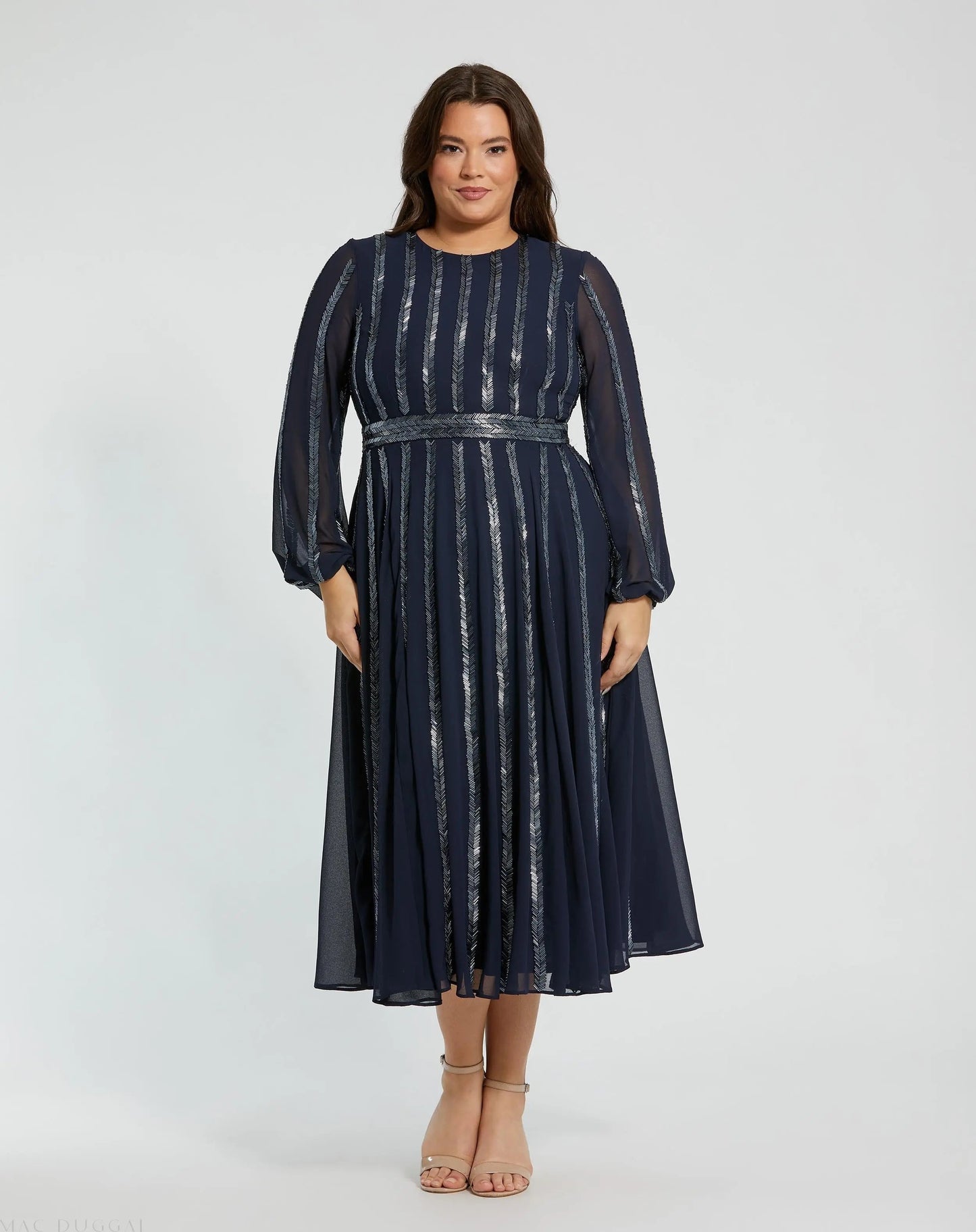 Navy Long Sheer Sleeve Sequin Dress (Plus)