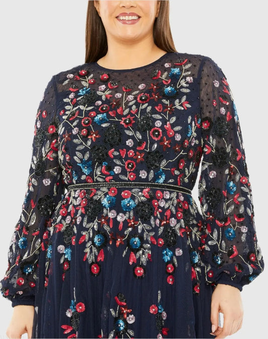 Navy Long Sleeve Beaded Cocktail Dress