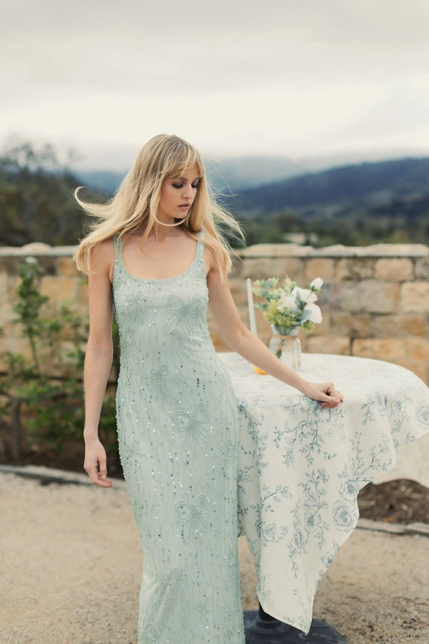 Green Scoop Neck Embellished Dress With Bow Detail