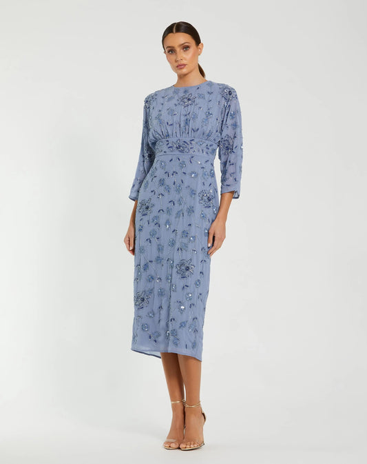 Blue Floral Embellished Midi Dress with 3/4 Sleeves