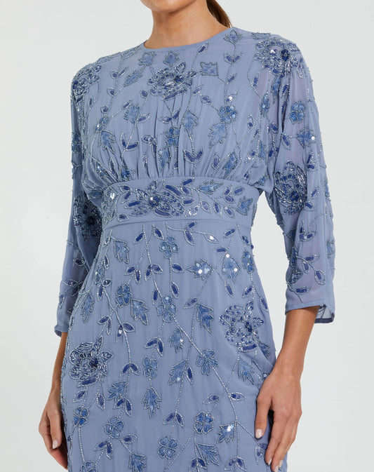 Blue Floral Embellished Midi Dress with 3/4 Sleeves