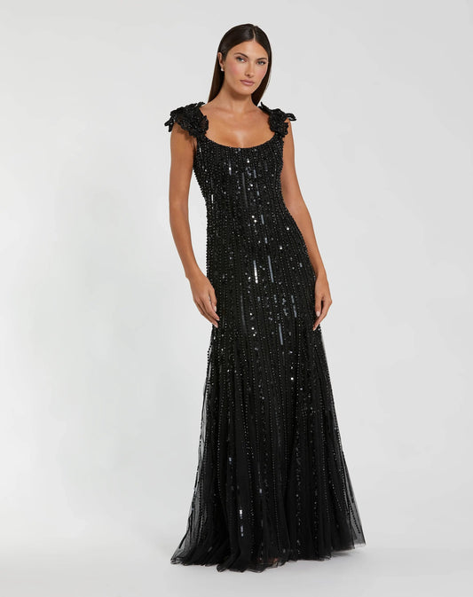 Black Embellished Sleeveless Gown With Floral Shoulder Detail