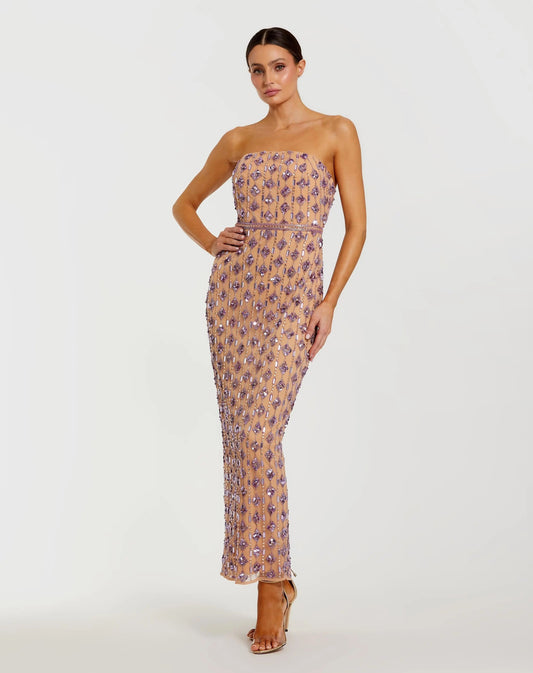 Beige and Purple Beaded Strapless Column Dress