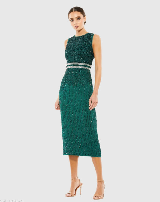 Green Sleeveless High Neck Beaded Midi Sheath Dress - Final Sale
